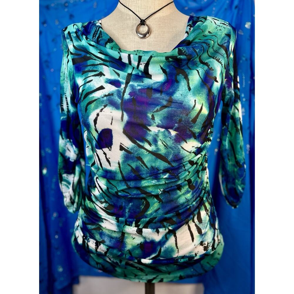 Relativity Mesh Rave Layering Cinched Sides Cowl Neck Top Petite Medium